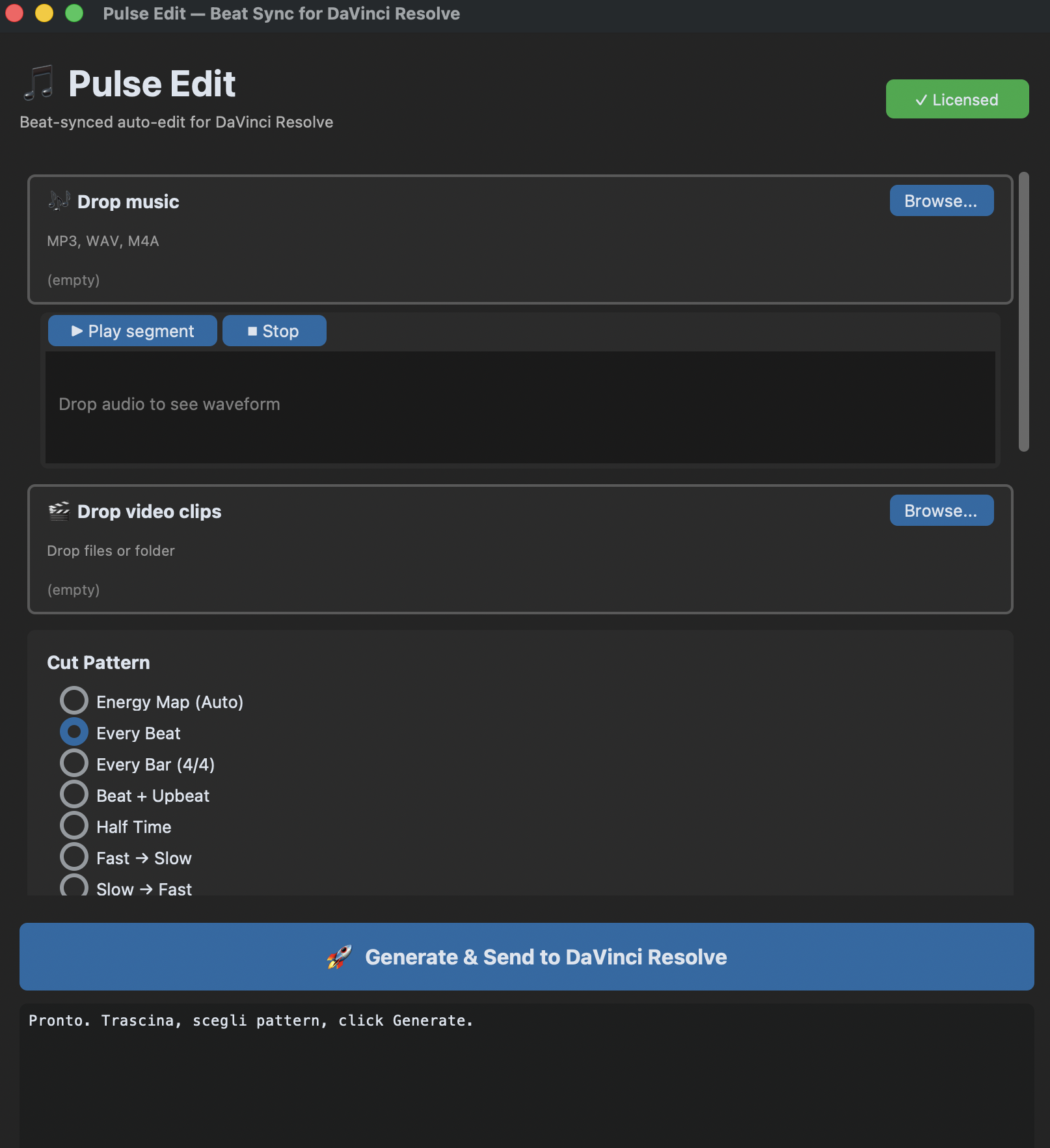 Pulse Edit Free — drop your music and video clips, pick a pattern, then generate