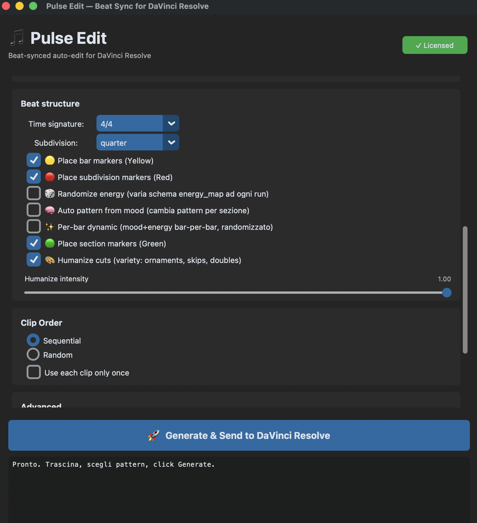 Pulse Edit Free beat-structure options — markers, humanize and clip order