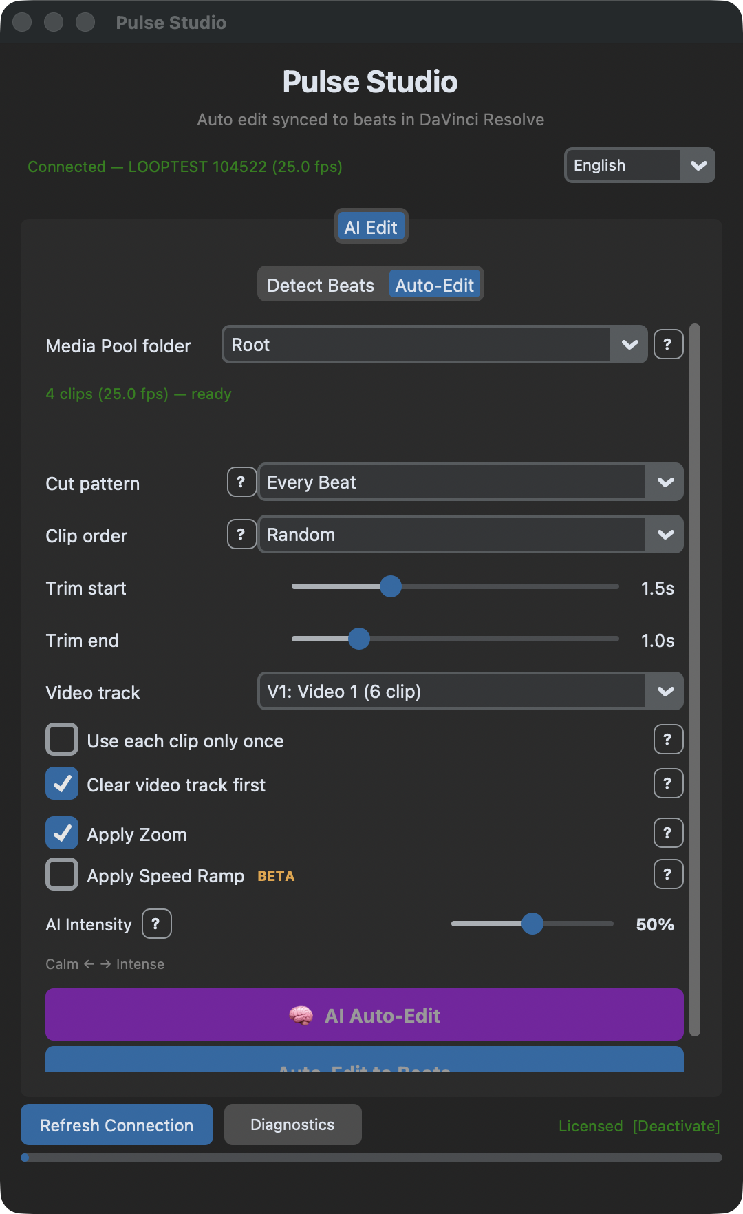 Pulse Studio — connected to DaVinci Resolve Studio, AI auto-edit with zoom and speed ramps