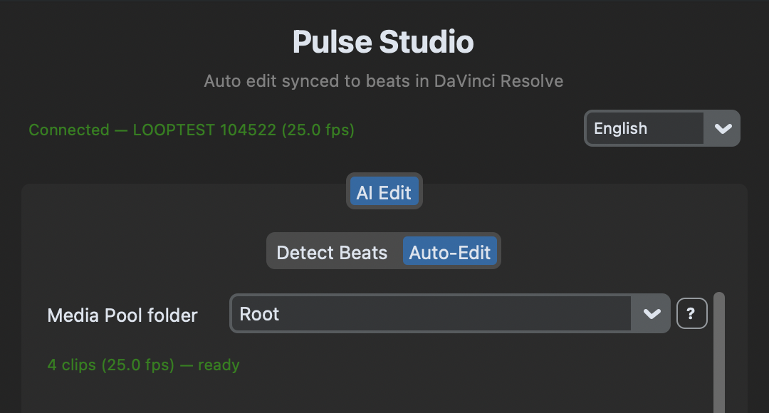 Pulse Studio connected to Resolve — pick the song and detect beats