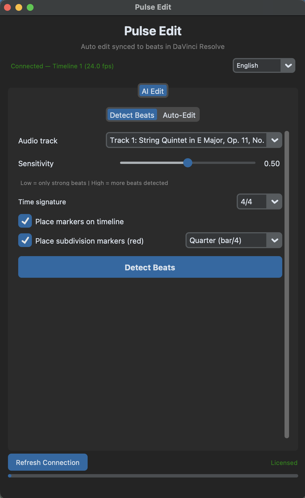 Pulse Edit Detect Beats tab showing audio track selector, sensitivity slider, time signature, and Detect Beats button