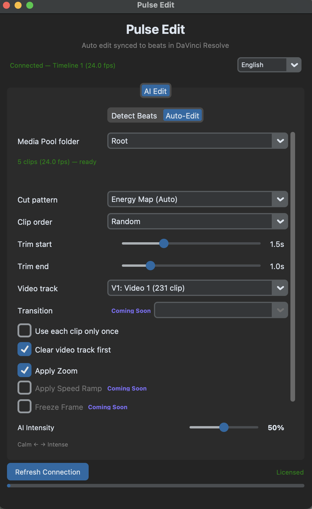 Pulse Edit Auto-Edit tab with media pool selector, cut pattern, clip order, trim sliders, zoom and AI intensity controls