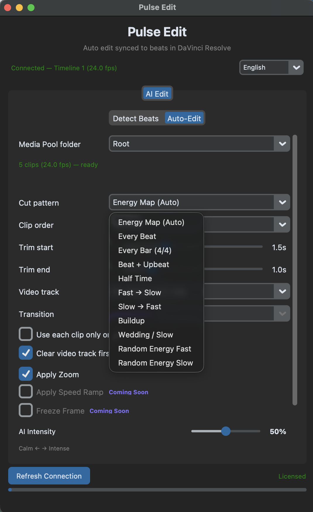 Pulse Edit cut pattern dropdown listing all 11 patterns